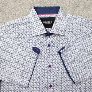 Maceoo Shirt Mens 4 / Large Gray/Blue Geometric 100% Cotton Short Sleeve Button